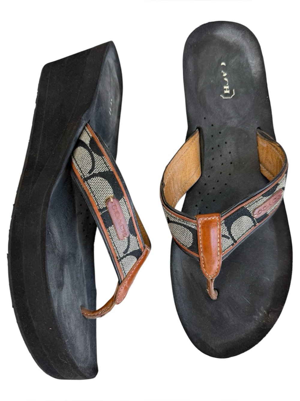 COACH Juliet Signature Canvas Wedge Flip Flops Sandals Black A0285 Size 8.5B Y2K